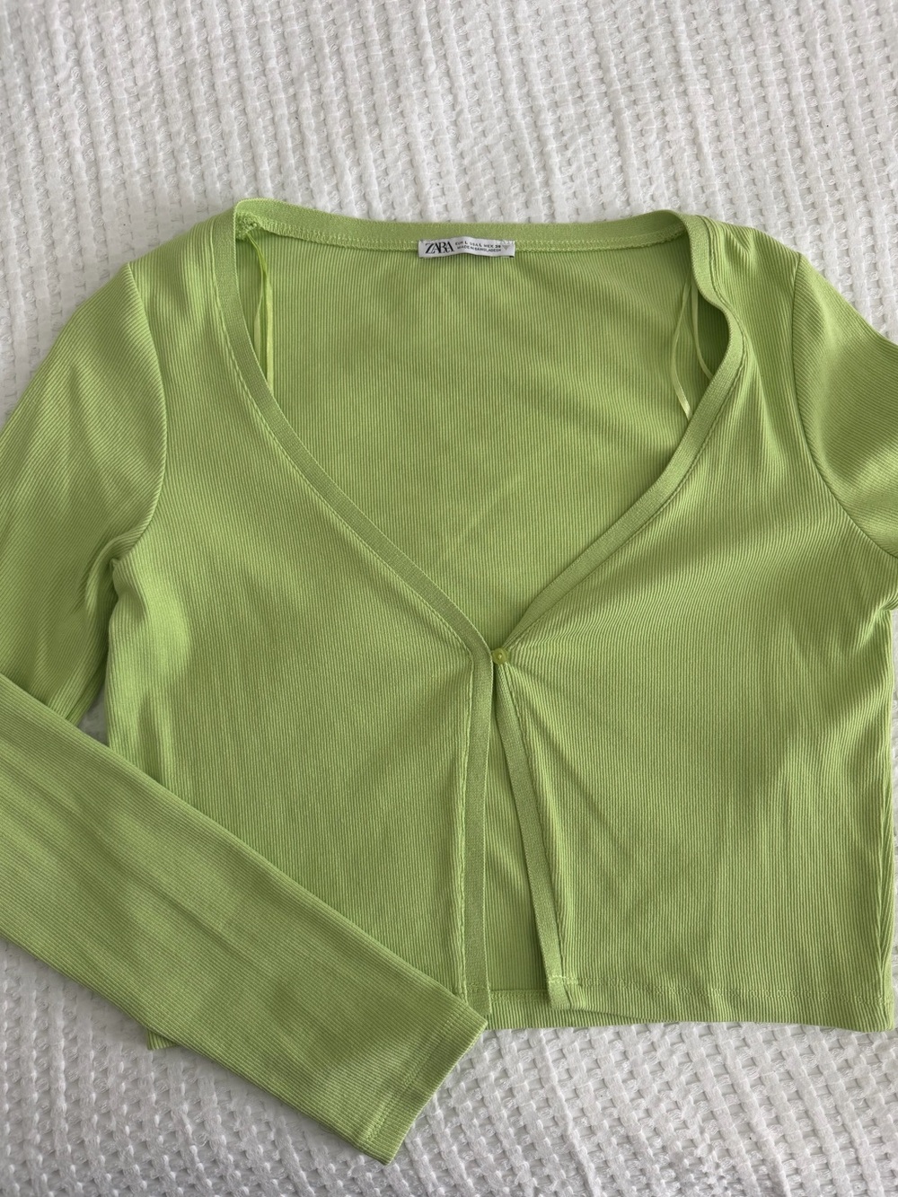 ZARA Green Ribbed Button Front Long Sleeve Cardigan Top